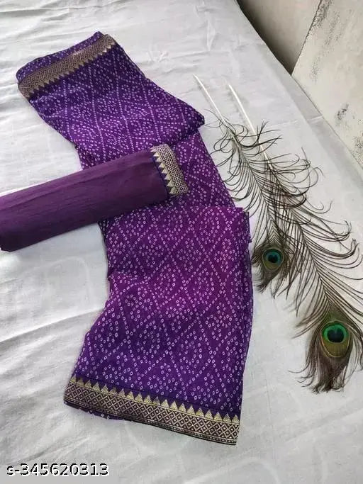 Maharani Bandhani Purple Silk Saree with matching scarf and feather decoration