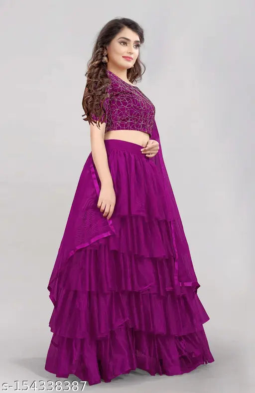 Satin-net embroidered lehenga set with ruffled choli and lace dupatta, semi-stitched for custom fit, Indian party wear