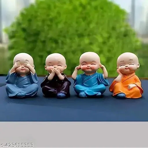 Laughing Buddha Monk Resin Idol, exquisite miniature set with 3 figurines on weathered rock, suitable for car decor or home décor. Made in India, 4cm breadth and 5cm height