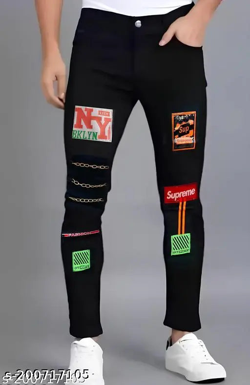 Denim placement print men's funky jeans, lightweight & stretchable for modern style. Breathable, available in sizes 26, 28, 30 (IN)