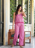 Printed rayon night suit set with spaghetti straps and palazzo bottoms, comfortable fit for XS to 4XL sizes