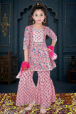 Cotton silk girls' printed Kurta Sharara set with dupatta, lace embellishments. Indian ready-to-wear seasonal occasion wear for ages 2-12