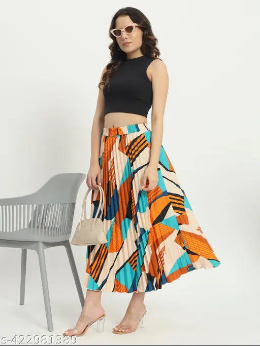 Contemporary printed crepe skirt with pleats and flared design, featuring cutting-edge patterns. Western wear for women, suitable for various occasions