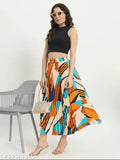 Contemporary printed crepe skirt with pleats and flared design, featuring cutting-edge patterns. Western wear for women, suitable for various occasions