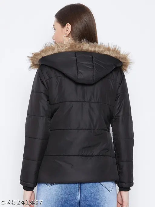 Black women's polyester parka jacket, Vero Amore brand, full sleeve, solid design, quilted with polyfill, detachable faux fur hood, 3 pockets (1 internal, 2 external). India origin
