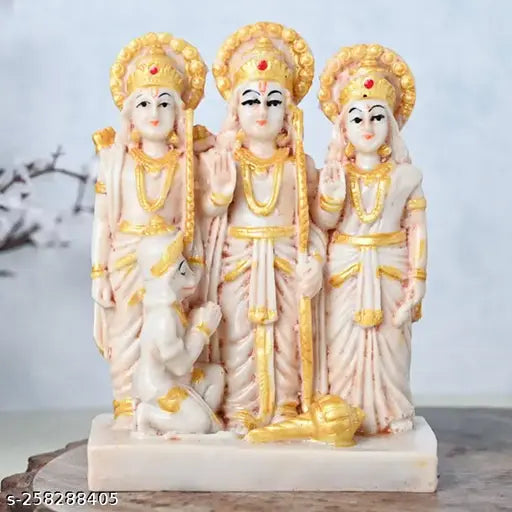 Poly Resin Ram Darbar Ram Parivar Figurine, depicting Ram, Lakshman, Sita, and Hanuman Ji. Indian-made devotional statue set (5x5x4 inches, N1)