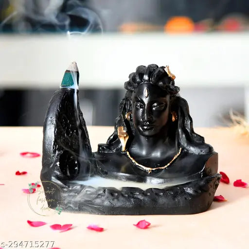 Black resin Shivling Adiyogi Smoke Fountain incense sticks decor item, 5-inch tall office table showpiece