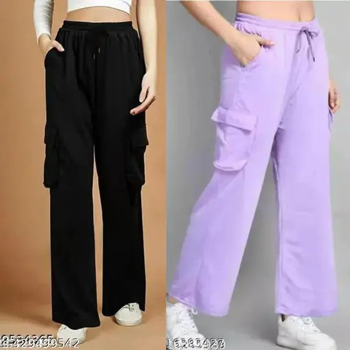 Purple cargo pants with pockets, elastic waistband, zip fly