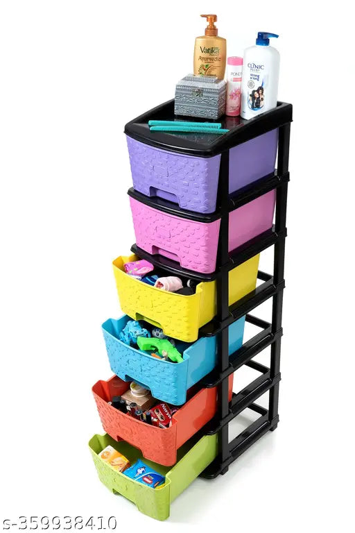Multi-level storage organizer, 6 compartments with multiple color drawers and shelves