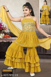 Yellow sequins and multicolor thread work peplum top with matching afghani set for girls, Indian anarkali sharara outfit with embroidered georgette dupatta, suitable for children aged 1-2, 2-3, 7-8, or 8-9 years