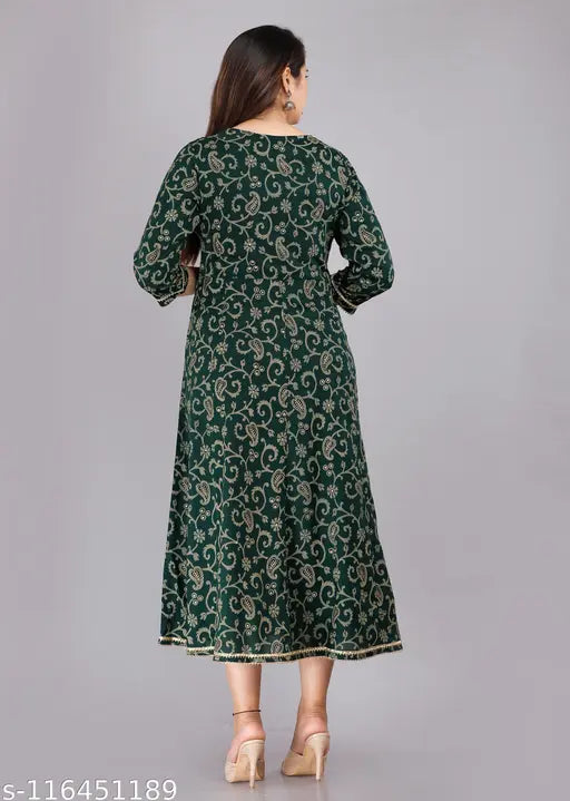 Gold-printed Rayon Anarkali Kurti with sequin embroidery, three-quarter sleeves - Indian ethnic women's fashion