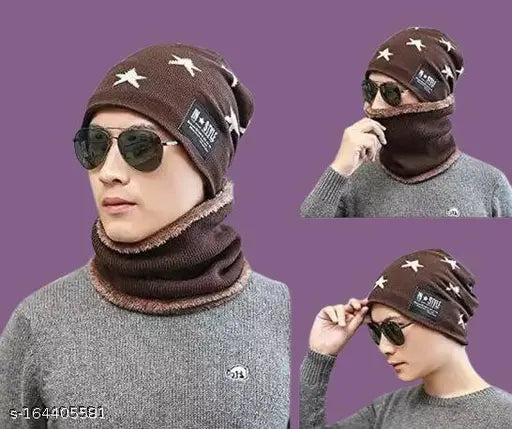 Warm woolen unisex cap & scarf set with fur, perfect for chilly winters, self-design pattern, 100% soft touch wool, China origin