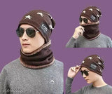 Warm woolen unisex cap & scarf set with fur, perfect for chilly winters, self-design pattern, 100% soft touch wool, China origin