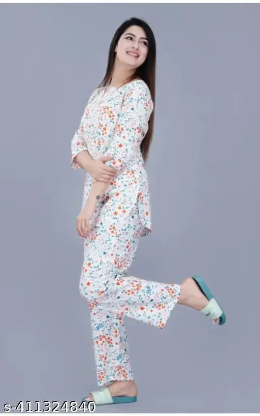 White and blue floral print viscose rayon nightwear set, featuring a top and pyjama, suitable for home and sleep