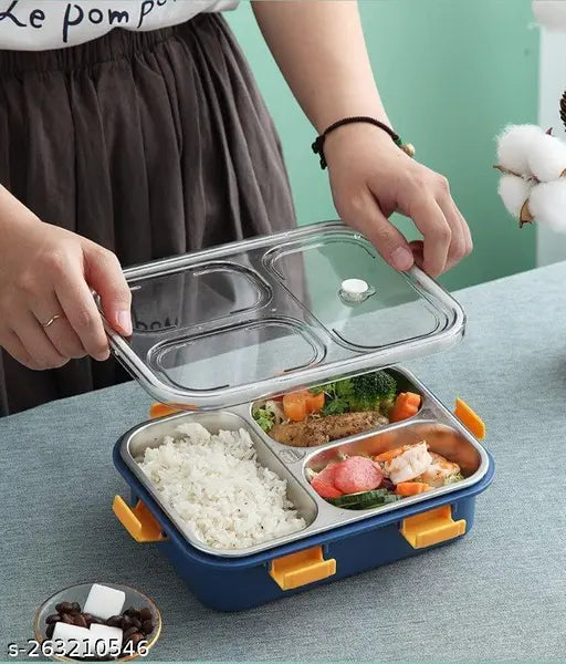 Stainless steel 3 compartment insulated lunch box with multi-color lid, for kids or office use