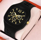 Square-shaped black analog watch with gold detailing and a yellow face, featuring a silicone strap