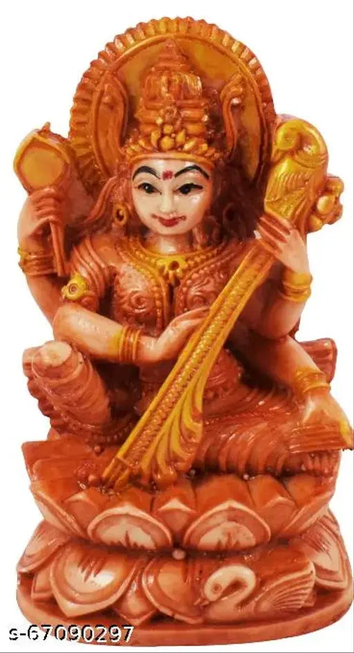 Brown ceramic Saraswati idol, hand-crafted religious showpiece (10cm) for home or temple decoration