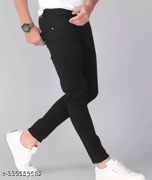Men's black cotton blend dashing jeans, stretchable and comfortable for a versatile style. Solid-colored jeans with exceptional value and durability (size 26, 28, 30, 32; waist 28-34in, length 39in, hip 30-34in). Made in India