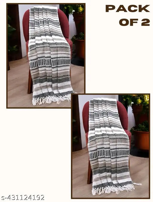 White striped cotton throw blanket, soft & elegant, 52" x 64", ideal for home or travel