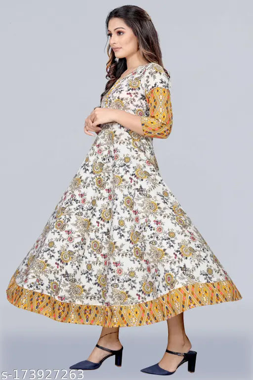Winter kurti with floral print, long sleeves, embroidered borders