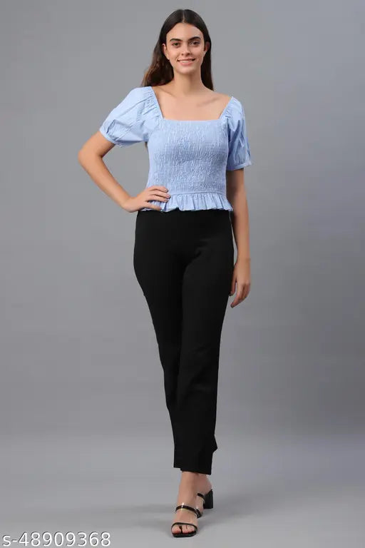 Blue cotton square neck puff sleeve women's top with short sleeves, attractive color, and breathable fabric