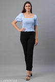 Blue cotton square neck puff sleeve women's top with short sleeves, attractive color, and breathable fabric