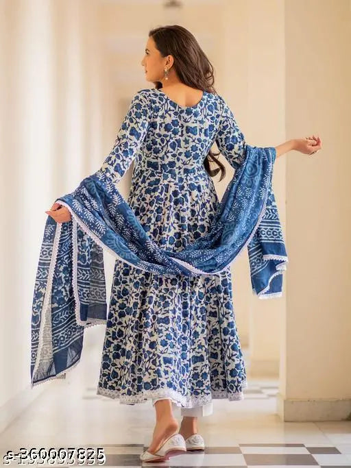 Rayon Anarkali set with pant and dupatta, printed three-quarter sleeve kurta with matching bottomwear on display