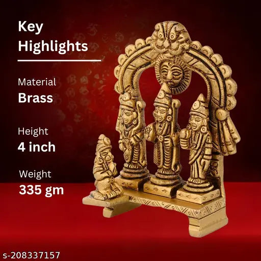 Brass Ram Darbar statue for home decor and office desk, featuring Lord Ram, Sita, Laxman, and Hanuman idols, height 4 inches, 335gm - spiritual home decor with divine presence