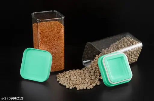 A set of blue airtight containers with push caps, for storage in the kitchen