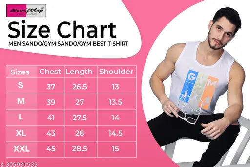 Black cotton sleeveless Swiftly men's fitness regular round t-shirt, printed design on chest, single item from India (size S: 35in chest, 26in length)