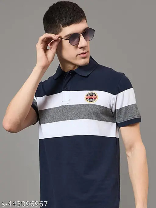 Men's striped cotton polo t-shirt, short sleeves, embroidered, M size (40in chest, 28in length)
