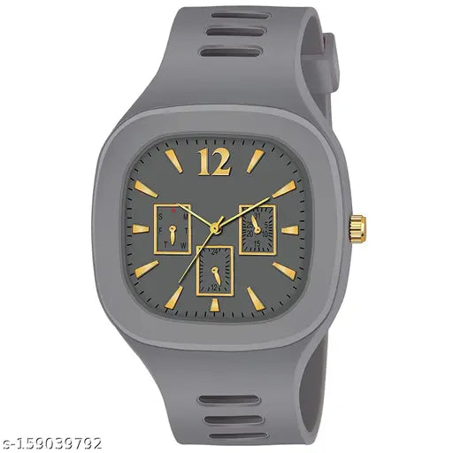 Grey silicone analog watch with gold accents, three subdials, black bezel