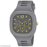 Grey silicone analog watch with gold accents, three subdials, black bezel