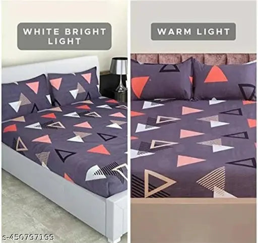 Glace cotton, geometric printed, superfine fitted double queen bedsheets with 2 pillow covers, ideal for adults during summer, made in India
