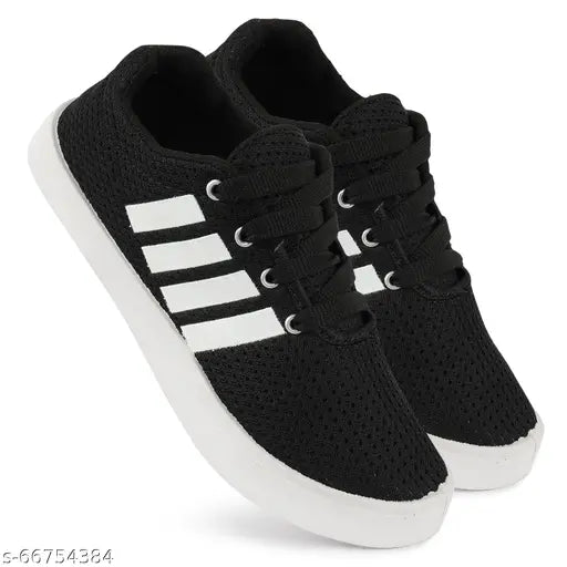 Black and white Adidas sports running shoes with laces and stripes