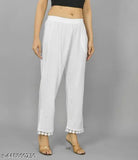 White cotton lace border palazzo pants for women, elegant bottom wear with comfort fit and wide-leg design