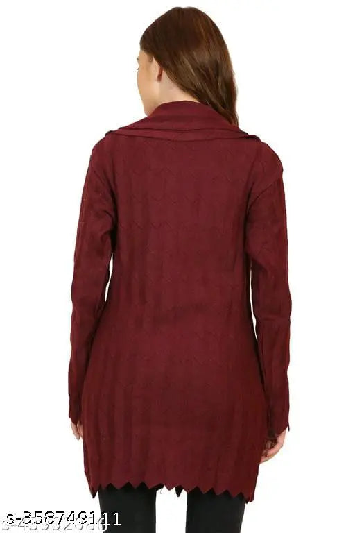 Women V-Neck Full Sleeves Long Length Cable Button Woolen Maroon Long Sweater Sweater