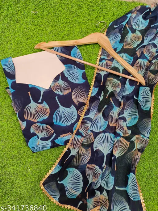 Blue and black printed designer gown with dupatta, possibly cotton or silk
