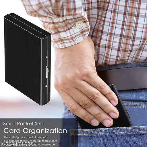 Metal wallet with 6 card slots & RFID protection, black. Solid metal design, slim, smart, and secure. Perfect men's multi-card holder for daily use