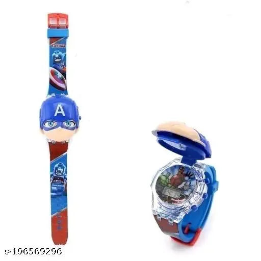 Captain America watch with music and light system, designed for kids, featuring an attractive face with a variety of colorful characters