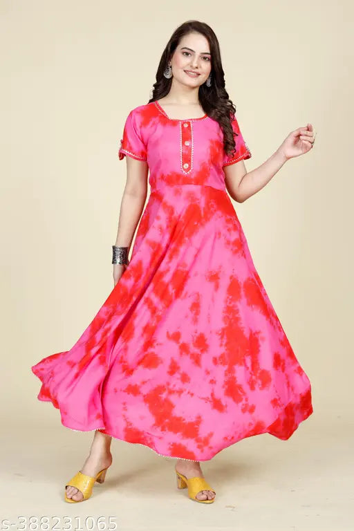 Pink rayon short sleeve gown with lace work