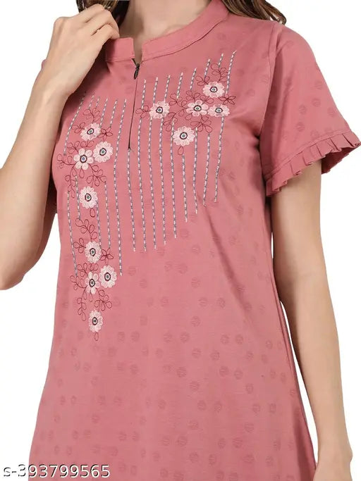 Duchess Women's Cotton Embroidered Long Length Night Suit Set, comfortable cotton blend sleepwear with embroidered design, easy care, ideal for loungewear, nightwear, or active wear