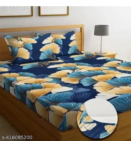 Crisp white, 200 TC glace cotton king size elastic fitted bedsheet with botanical pattern, ideal for summer, adult use, double king size
