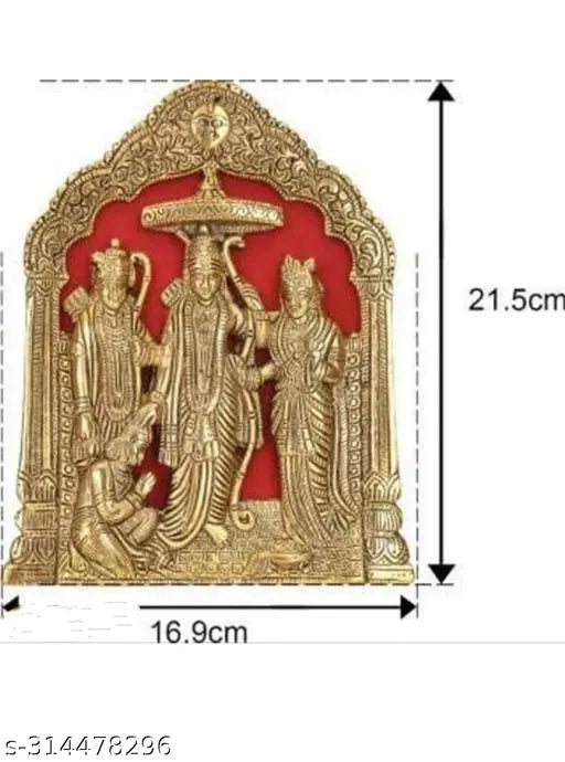 Traditional metal wall hanging, depicting Lord Ram and Lord Hanuman against a red backdrop, likely used in puja rituals. 20cm x 30cm