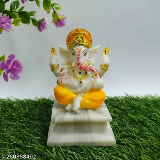 Marble Ganesh Idol, intricately detailed Ganesha Vinayaka statue, 12cmL x 10cmB x 16cmH for Pooja Room, Living Room, Home Office Decor or gifting