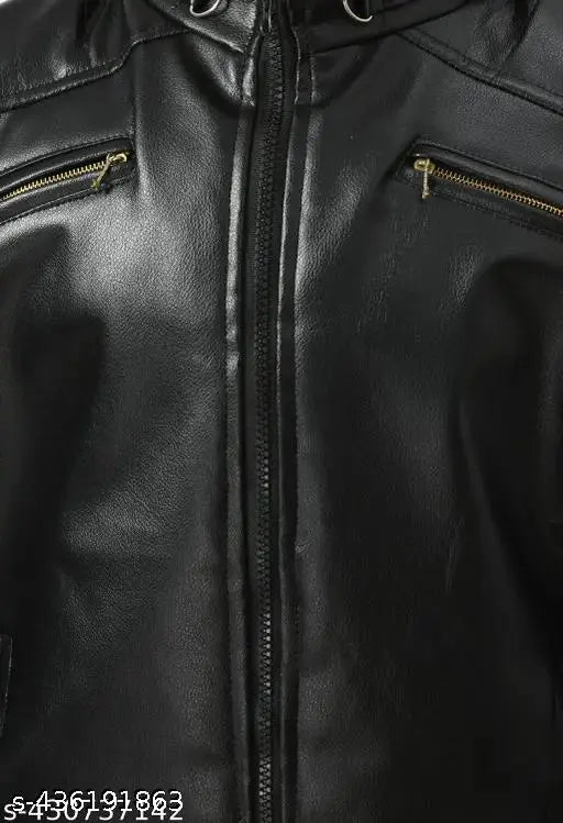 Black leather zip jacket with multiple pockets, suitable for casual or semi-formal wear