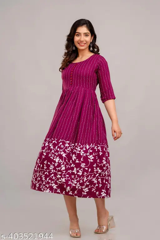Trendy rayon Anarkali kurti with printed combo, three-quarter sleeves for women's events and office wear in M, L, XL, XXL sizes (38in bust, 40in bust, 42in bust, 44in bust) from JAY SHRI SHYAM FASHION