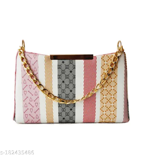 Patterned sling bag with gold chain strap