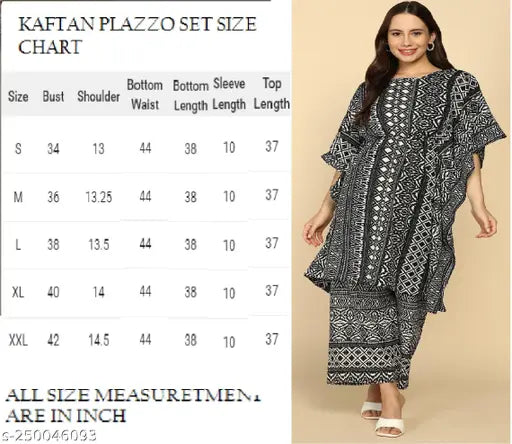 Printed crepe kaftans and palazzos set for women, perfect for functions, festivals, parties, and weddings. Lightweight, soft, and sophisticated, made in India