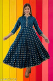 Woman's rayon gold print royal blue long gown with embroidery